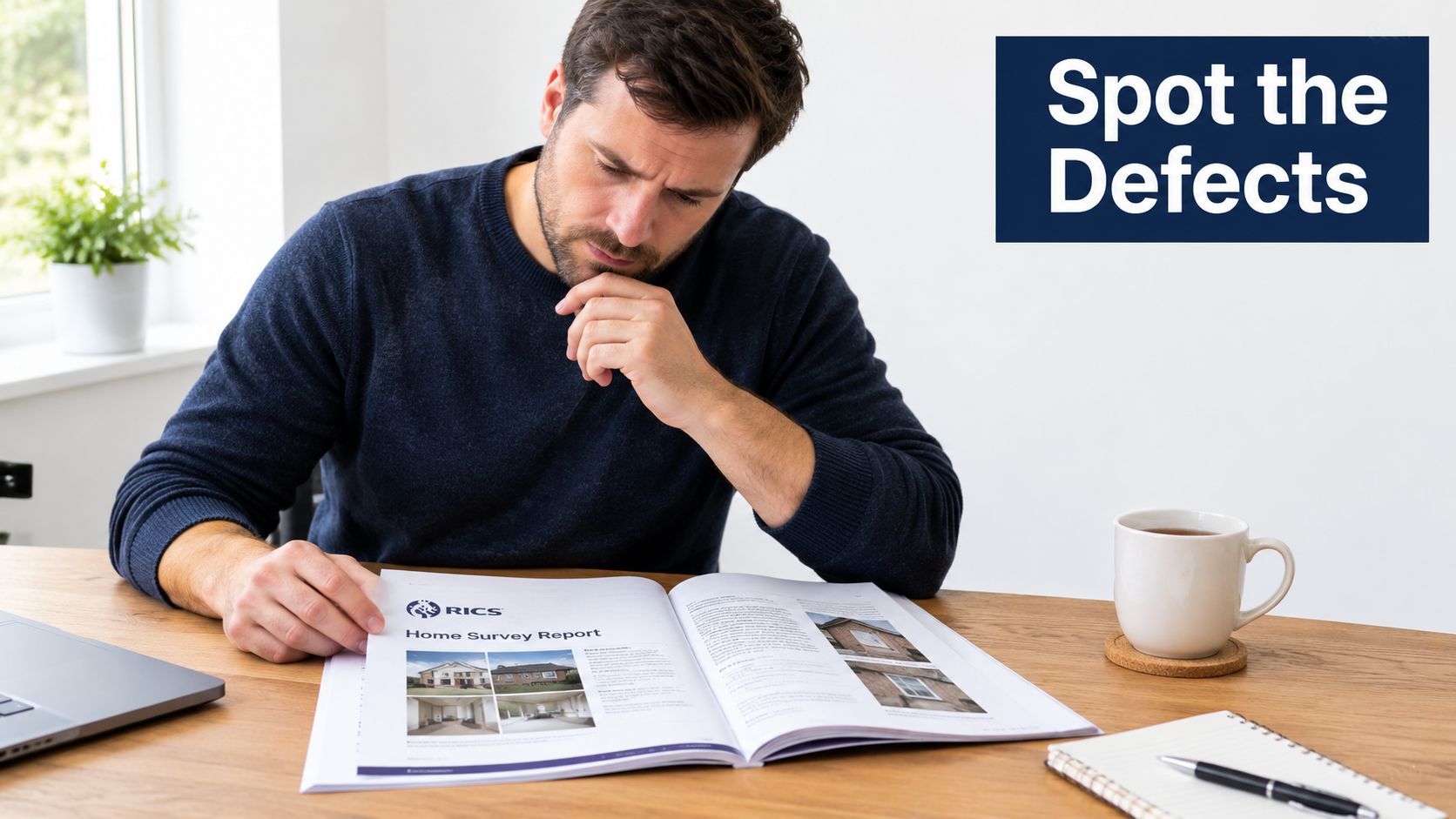 A man carefully reviewing an RICS home survey report at a desk to identify property defects.
