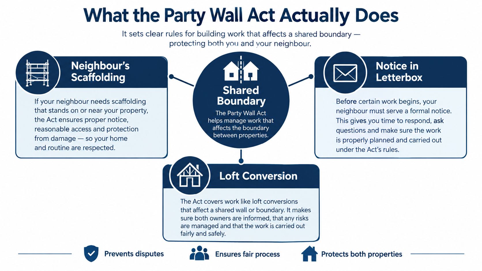 An infographic explaining how the UK Party Wall Act manages building work and protects property owners.