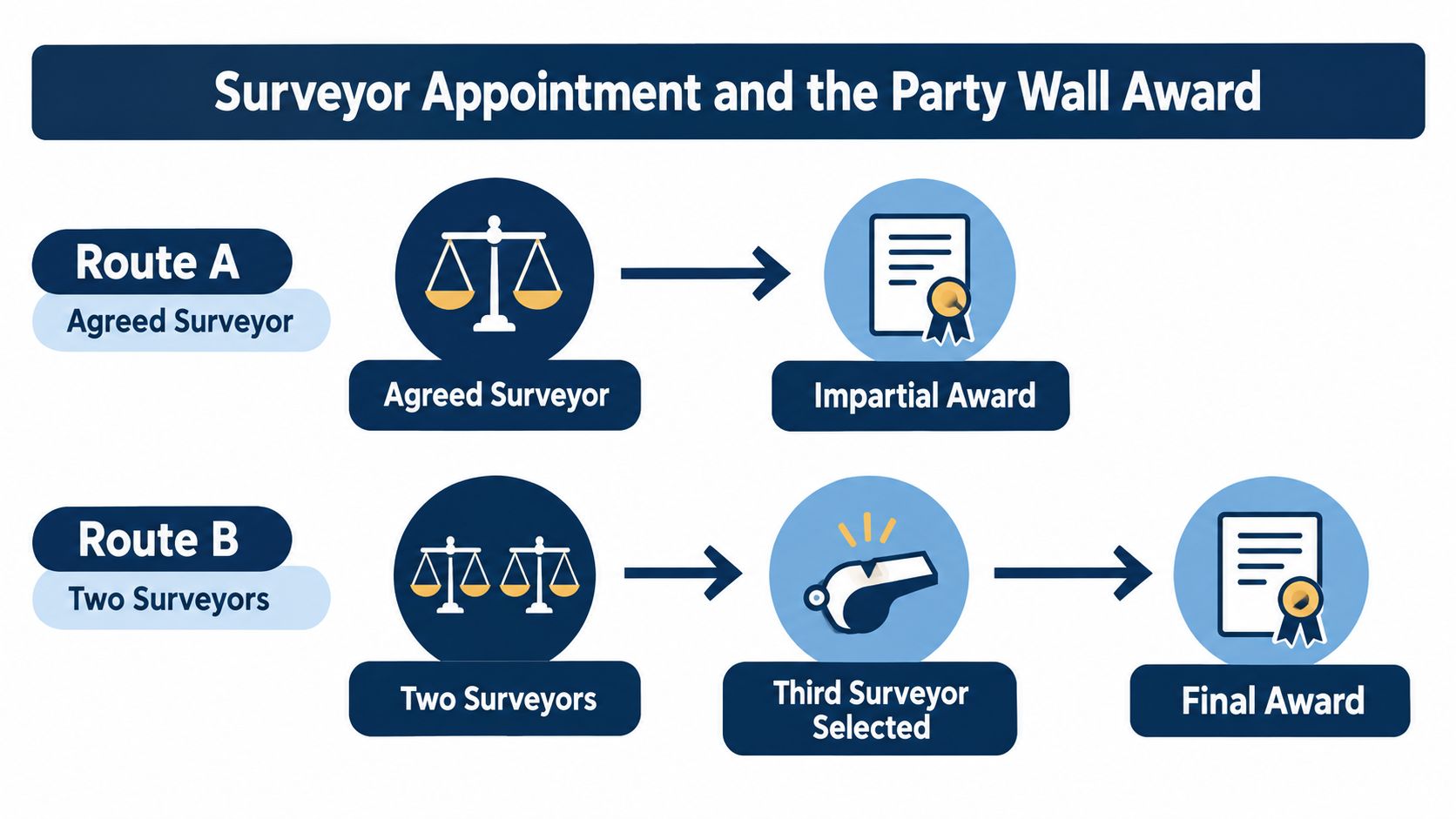 A diagram illustrating two routes for surveyor appointments and the party wall award process under UK regulations.