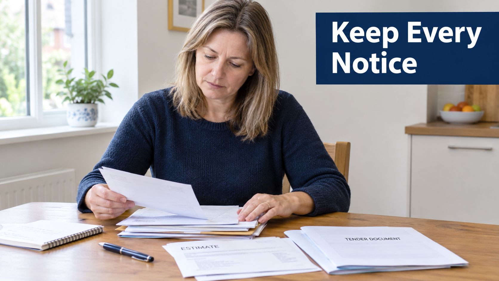 A woman reviewing important property documents, notices, and estimates at a wooden table in her home.