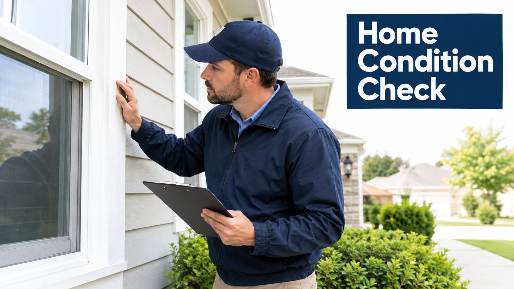 A building inspector checks the exterior condition of a home