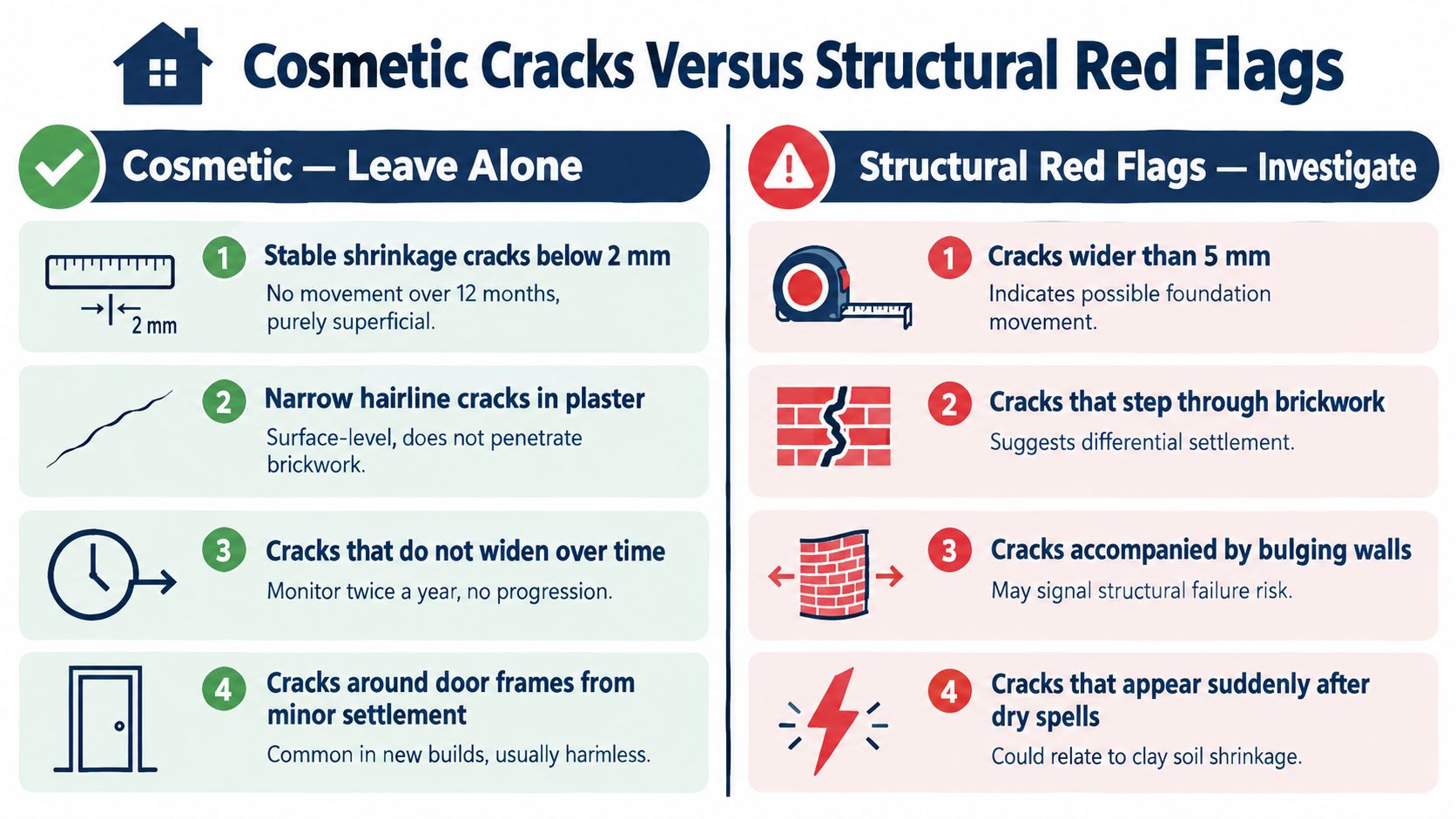 An infographic comparing cosmetic home cracks that are safe and structural red flag cracks that require investigation.